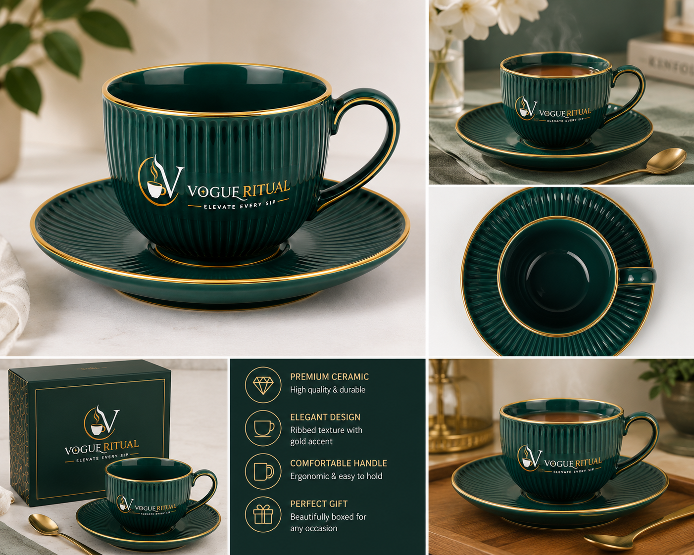 VOGUE RITUAL Luxury Ribbed Tea Cup & Saucer Set - Image 2
